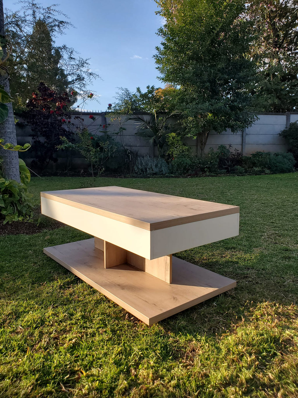 T-Shape Coffee Table – oak finish, outdoor lifestyle photo